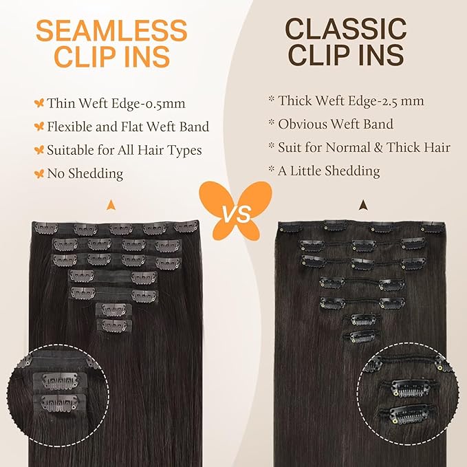 DOORES Human Hair Extensions Clip in, Dark Brown 80g 7pcs 12 Inch, Thick Clip in Hair Extensions Remy Natural for Women Gift