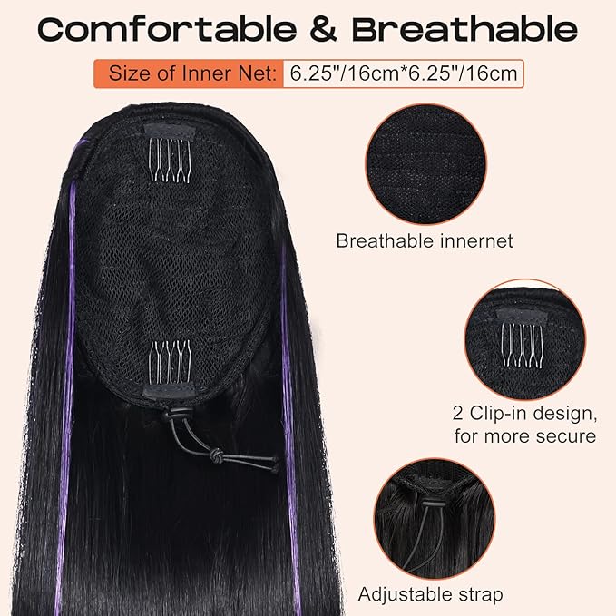 SEIKEA Ponytail Extensions Drawstring Long Straight Fake Pony Tail Natural Soft Clip in Hair Extension Synthetic Heat Resistant Hairpiece 28 Inch Black Brown with Purple Highlights