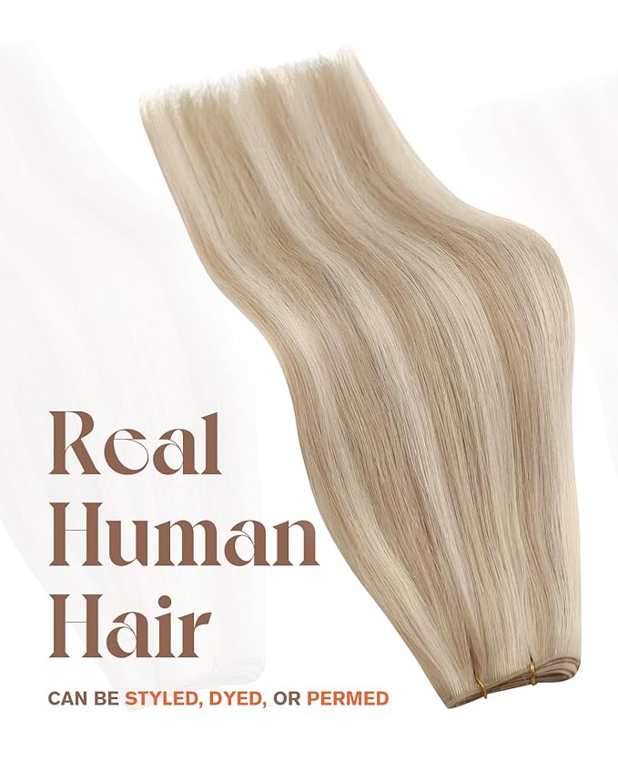 Sunny Hair Genius Weft Hair Extensions Real Human Hair Blonde Genius Weft Human Hair Extensions Ash Blonde Highlights Golden Blonde Hand Tied Sew in Extensions Real Human Hair Can be Dyed 20inch