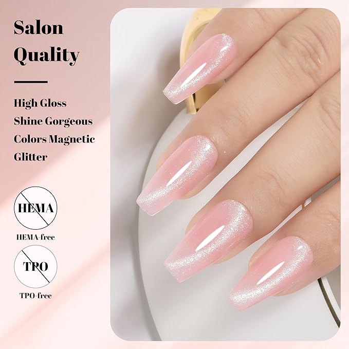 YTD Likomey Cat Eye Gel Nail Polish,Crystal 15ml Pink Magnetic Shimmer Shimmer Glitter Translucent Jelly Shiny Fall Winter Salon Home UV Nail Varnish with Magnet Stick,HEMA Free TPO Free,MY519