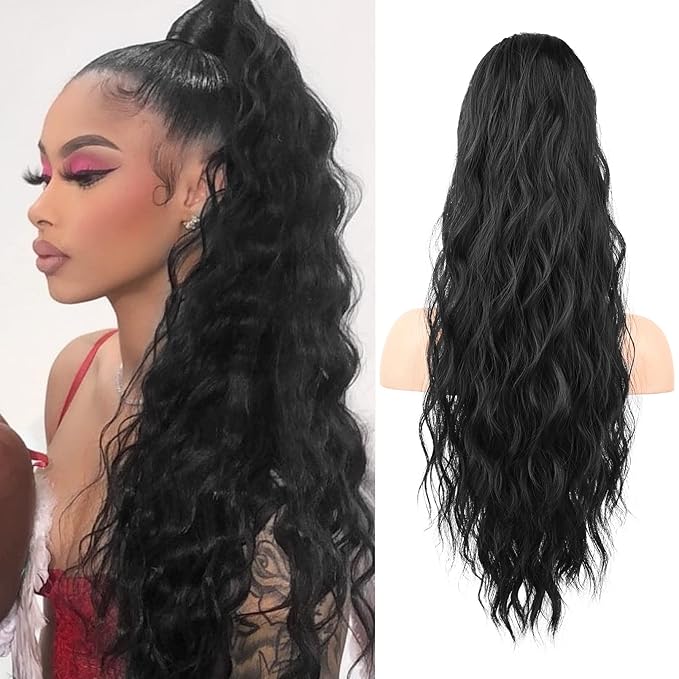 Flufymooz Ponytail Extension, 26 Inch Drawstring Ponytail Hair Extensions for Women， Long Curly Wavy Pony Tail Natural Wavy Synthetic Hairpiece for Women Daily Use party ((26 Inch Natural Black)