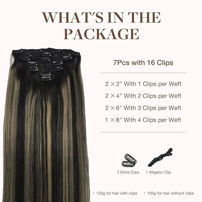 GOO GOO Clip in Hair Extensions Real Human Hair, Remy Human Hair Extensions Clip ins for Women, Natural Human Hair, 16inch 120g 7Pcs, 1B/16/1B Balayage Natural Black to Light Blonde