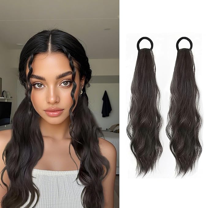2PCS Curly Ponytail Extension with Hair Tie Hair Natural Wig Elastic Band Wave Fake Ponytail Wigs Accessories for Women Daily 17 Inch (2pcs-black)