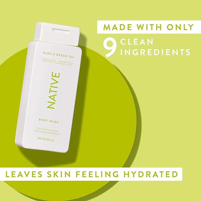 Native Body Wash Contains Naturally Derived Ingredients | For Women & Men, Sulfate, Paraben, & Dye Free Leaving Skin Soft and Hydrating |Aloe & Green Tea 18 oz