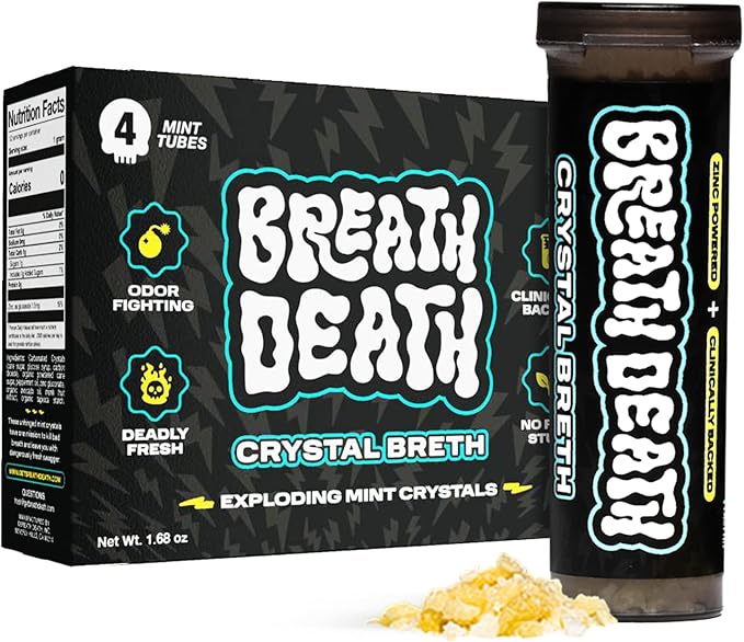 Breath Death Crystal Breth Breath Mints, Peppermint Mint Crystals, Gluten Free, Vegan & Zero Calorie Mints, Zinc-Infused & Fast Acting Formula, Single Pack - 4 Tubes, 12 Servings Per Tube, 1.6 Oz.
