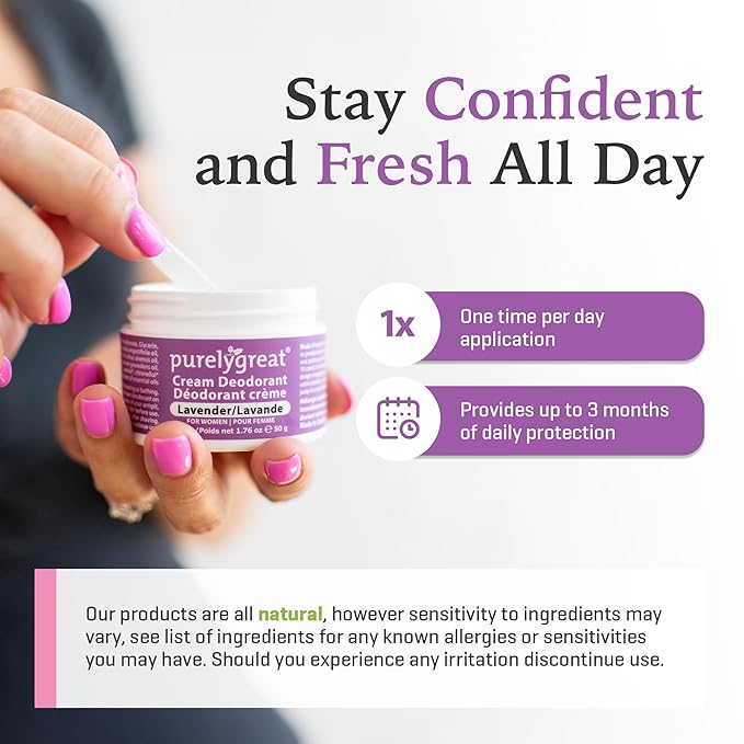 Purelygreat - Lavender Scented Cream Deodorant, Chemical-Free Hygiene Essentials for Women, Natural Deodorant for Men with Soda & Corn Starch, No Sticky Residue, Parabens & BPA, 1.76 oz / 50 g
