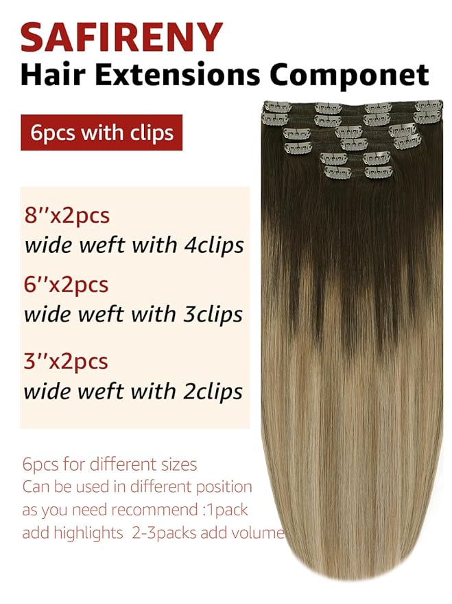 Clip in Hair Extensions Real Human Hair 6pcs 100g 16 Inch Balayage Dark Brown to Dirty Blonde Double Drawn Clip in Hair Extensions (#2/6/18, 16")