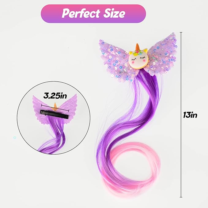 Ideal Swan 6 Set Unicorn Hair Extensions Clip - Colorful Curly Hair Extensions for Girls, Cute Unicorn Accessories Hair Clips for Kids Ponytails, Rainbow Thick Wig Clip in Fake Bangs (Curly Hair)