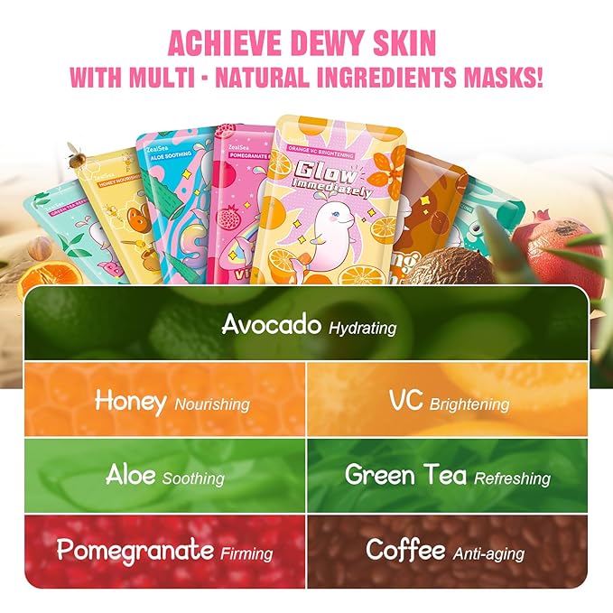 ZealSea Face Masks Skincare, Facial Masks for Women Skin Care, Sheet Masks Beauty with Natural Ingredients, Birthday Party Spa Gift for Kids Teens Girls, Hydrate and Soothe for All Skin Types 14 Pack