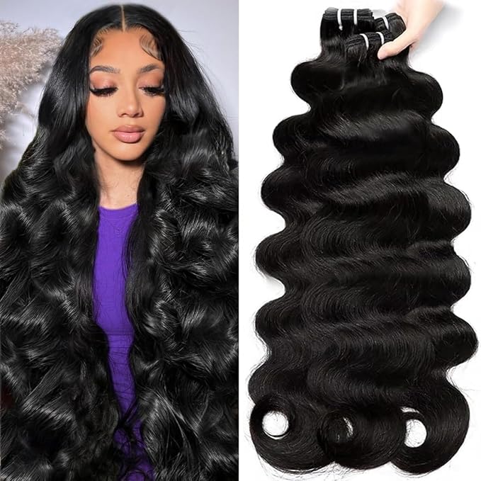 Body Wave Bundles Human Hair 24 26 28 Inch Brazilian Unprocessed Virgin Human Body Wave Hair Bundles Body Wave Wig Natural Black Hair Bundle Natural Color 3 Real Bungles Human Hair For Women