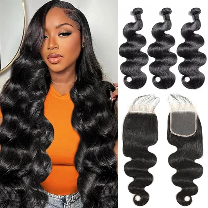 12A Human Hair Bundles with Closure 16 18 20+14 Inch Body Wave Bundles Human Hair Unprocessed Brazilian Virgin Hair Bundles with 4x4 Lace Closure for Women Natural Color