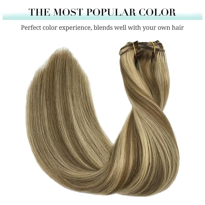DOORES Hair Extensions Clip in Human Hair Medium Brown Highlighted Golden Blonde 120g 7pcs 18 Inch Remy Clip in Human Hair Extensions Natural Human Hair Extensions