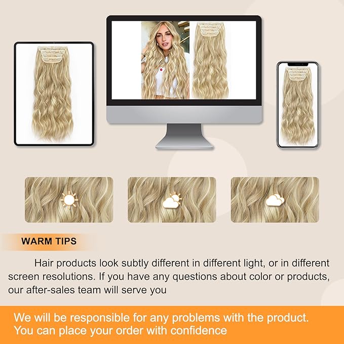 ALXNAN Clip in Long Wavy Synthetic Hair Extension 24 Inch Beach Blonde 4PCS Thick Hairpieces Fiber Double Weft Hair for Women