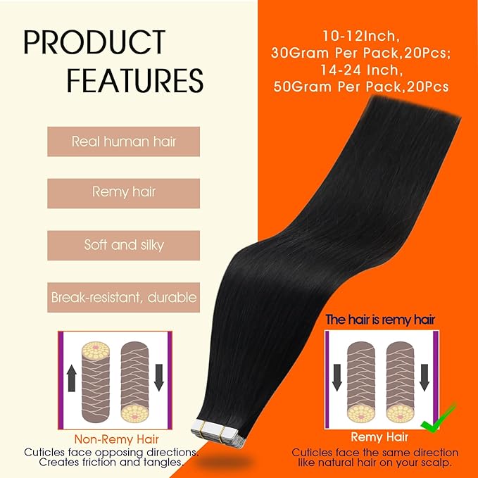 Full Shine Tape in Hair Extensions Human Hair 18Inch Seamless Skin Weft Pu Tape ins Human Hair Extensions Color 1B Off Black Hair Extension Real Human Hair 20Pcs 50G Invisible Remy Hair