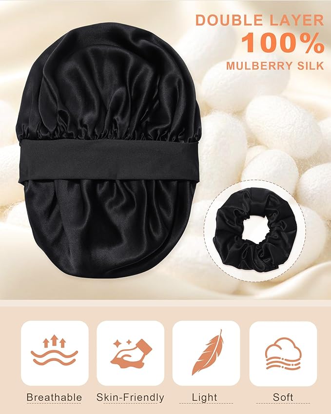 Mulberry Silk Bonnet Sleeping Women Curly Hair Bonnets Tie Band Double Layer Reversible Sleep Bonnet Silk Hair Wrap Sleep Cap