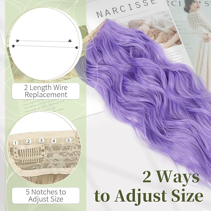 KooKaStyle Invisible Wire Hair Extensions with Transparent Headband Adjustable Size 4 Secure Clips Long Wavy Secret Wire Hairpiece 20 Inch for Women(Lavender)