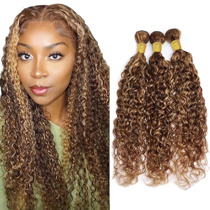 P427 Human Hair Bundles Honey Blonde Water Wave Bundle 12 14 16 Inch Brazilian Virgin Hair 3 Bundles Color 27 Bundle Hair Extensions