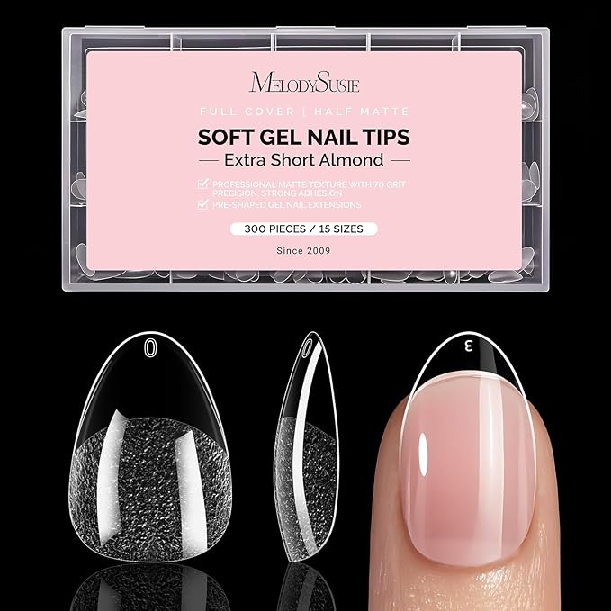 MelodySusie Extra Short Almond X Nail Tips - 300Pcs 15Sizes Clear Acrylic,Half Matte Full Cover Press on Nails for DIY Extension & Salon Use, Pre-Shaped for Long-Lasting Manicure