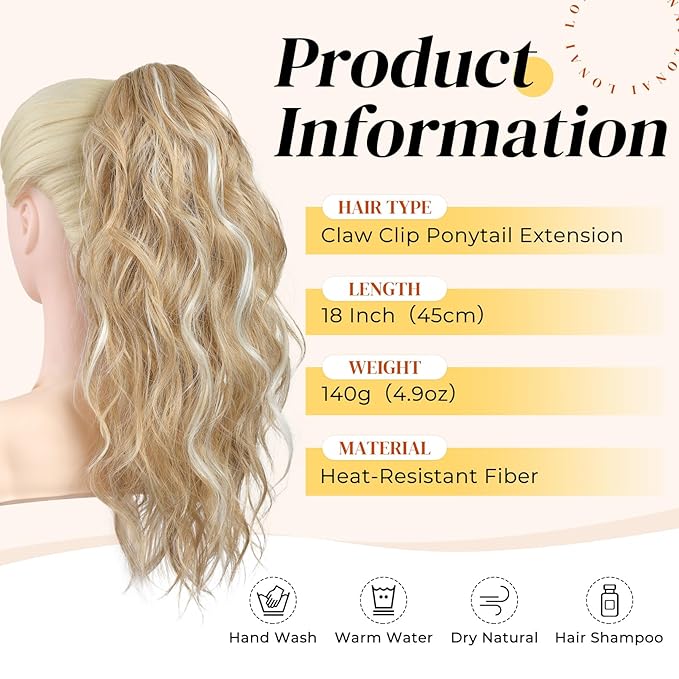 LONAI Ponytail Extension, 18" Wavy Claw Clip Ponytail Extensions Shoulder Length Curly Wavy Claw Clip in Ponytail Hair Extensions Synthetic Fake Pony tails Hairpieces-Golden Blonde White Blonde