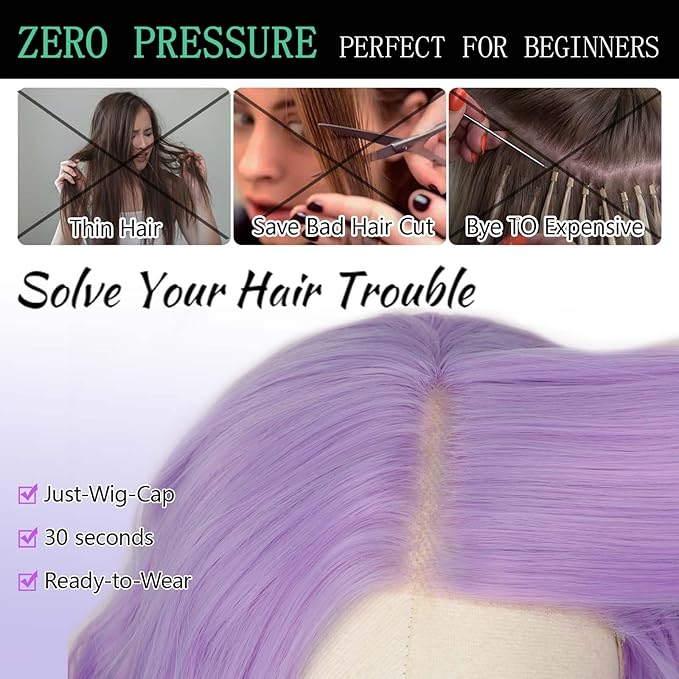 AISI HAIR 14 Inch Light Purple Wigs for Women - Shoulder Length Wave Wig with Pre-Cut Lace Hairline, Middle Part Natural Wavy Bob Synthetic Heat Resistant Fiber for Daily and Party