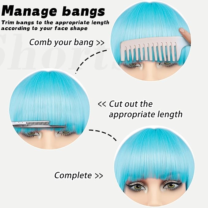 MAYSA Blue Wigs with Bangs Short Straight Bob Bangs Wig 12in Synthetic Cosplay Halloween Costume Wig for Women # Teal Blue