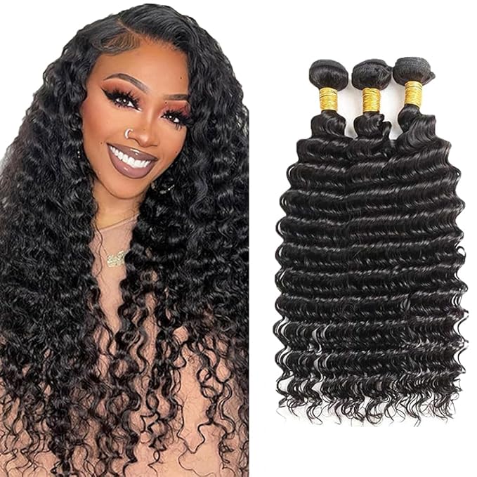 28 30 32 Inch Deep Wave Bundles Human Hair Unprocessed Brazilian Virgin Hair Deep Wave Weave Bundle Real Natural Black Human Hair Extensions 150g