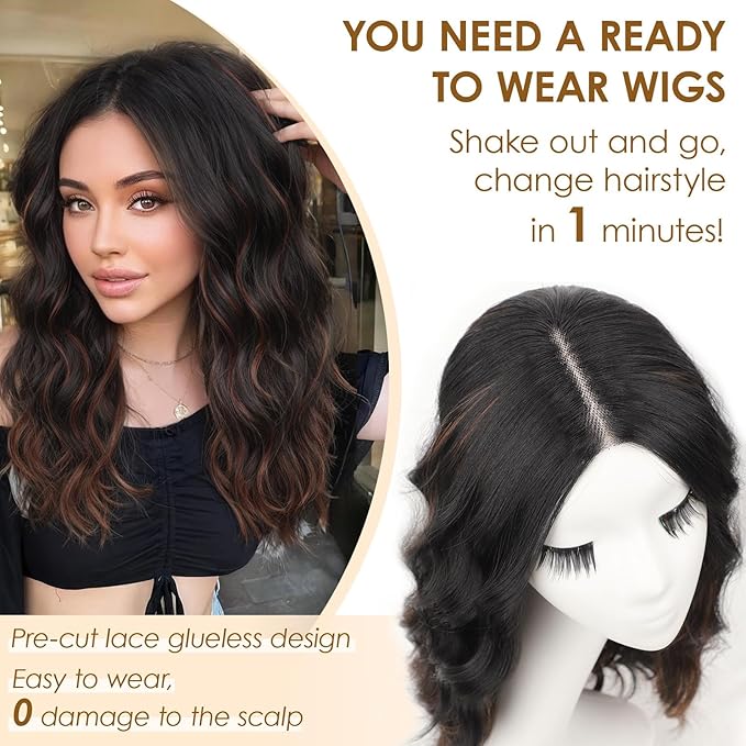 AISI HAIR Black Mix Brown Wig for Women Medium Length Wave Curly Glueless Synthetic Heat Resistant Hair Wigs for Daily Party Cosplay