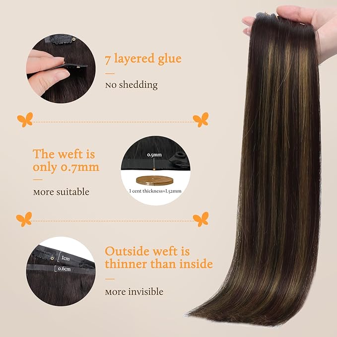 DOORES Seamless Clip in Human Hair Extensions, Dark Brown to Chestnut Brown 7pcs 110g 16 Inch Straight Hair Invisi Edge