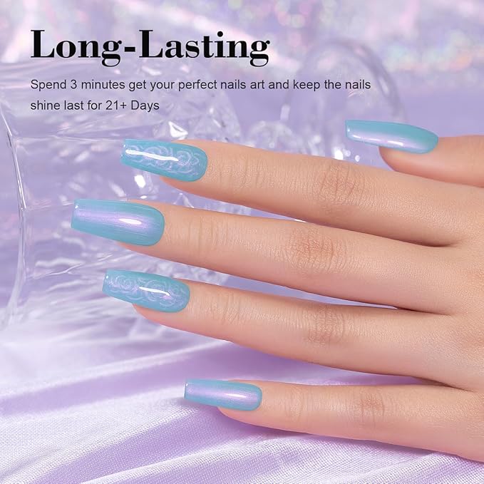 RARJSM 15ML Sky Blue Pearlescent Gel Polish - Mermaid Nail Gel Polish with Purple Glitter & Red Shimmer - Soak Off LED UV Drawing Swirl Thread Effect for DIY Manicure