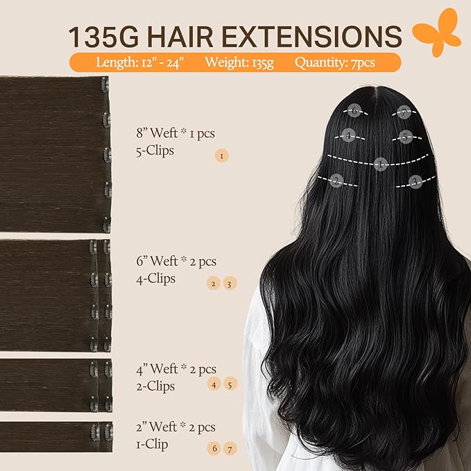DOORES Hair Extensions Real Human Hair, Light Dark Brown 18 Inch 135g 7pcs, Thick Clip in Extensions Remy Weft Natural for Birthday Gift