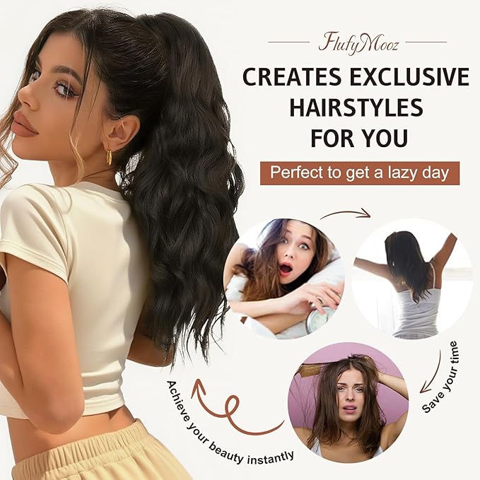 FLUFYMOOZ Claw Clip Ponytail Hair Extensions, 18 Inch Wavy Curly, Natural Fake Synthetic Hairpiece for Women (Dark Blonde to Light Blonde)