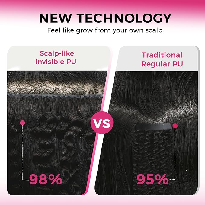 Lashey Invisi Edge Clip in Hair Extensions 14 Inch 110g 7pcs Injected Seamless PU Clip in Hair Extensions Virgin Human Hair, Natural Black Kinky Curly Hair