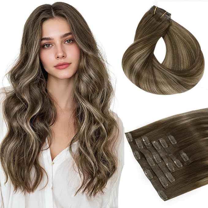 HOTBANANA Seamless Clip in Hair Extensions 16 inch 130g 7pcs Chocolate Brown with Honey Blonde Clip in Remy Human Hair Extensions Straight Hair Invisible PU Skin Weft