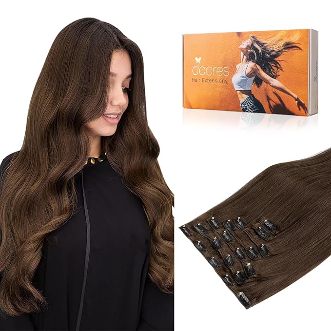 DOORES Human Hair Clip Extensions, Chocolate Brown 12 Inch 80g 7pcs, Real Human Hair, Natural Remy, Silky Straight