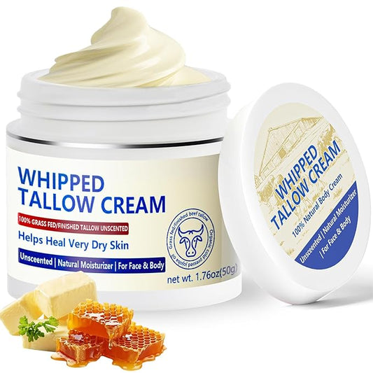 Beef Tallow for Skin, Natural Beef Tallow for Face, 100% Organic Grass Fed Finished Whipped Tallow and Honey Balm, Tallow Cream for Skin Care, Tallow Face Moisturizer Body Lotion