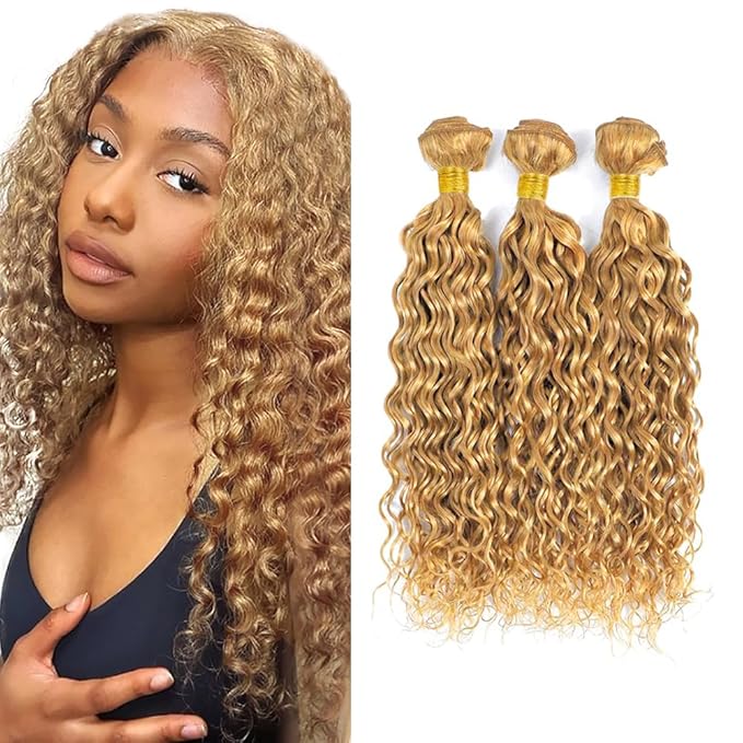 30 32 34 Inch Blonde Bundles Human Hair #27 Honey Blonde Water Wave 3 Bundle Unprocessed Brazilian virgin hair Weave Extensions Double Weft 50 Grams/Bundle Colored Blonde Bundles for Woman