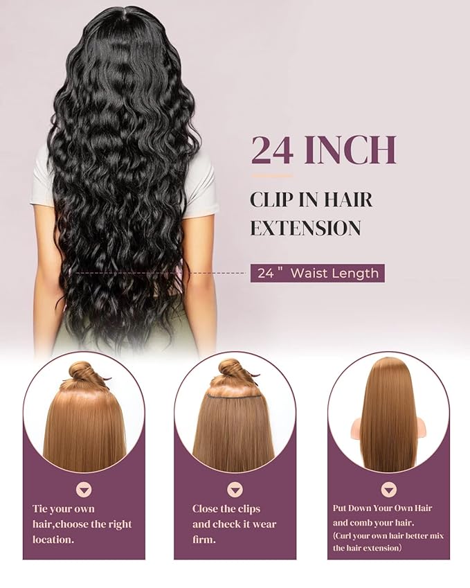 LONAI Clip In Hair Extensions, 6PCS Curly 24" Long Synthetic Clip On Hairpiece For Women-Copper Red