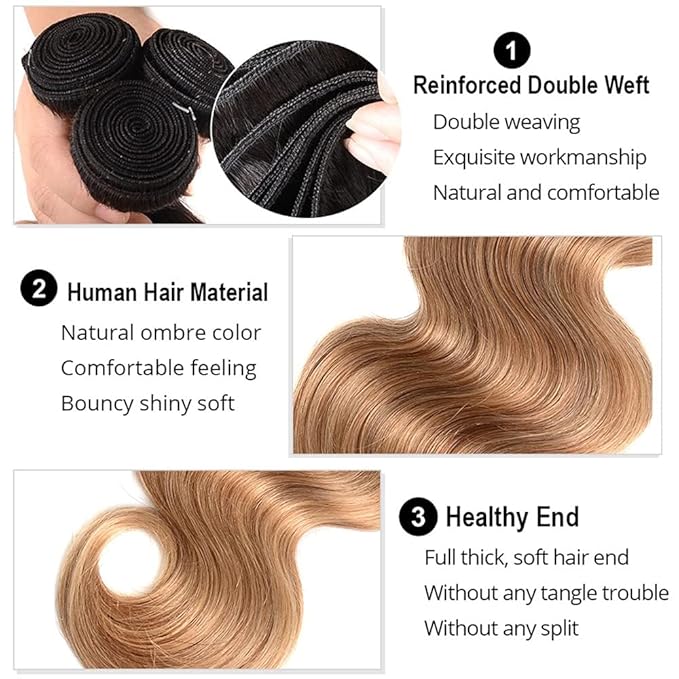 Freiuoke 26 28 30 Inch Honey Blonde Bundles Human Hair Ombre Body Wave Bundle 27 Body Wave 3 Bundles/150g Brazilian Virgin Hair Extensions