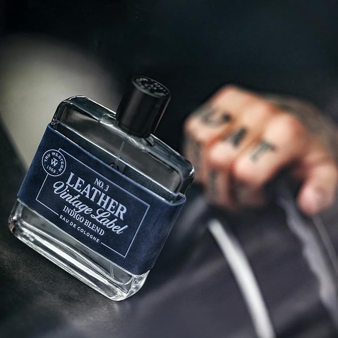 Leather No. 3 by Tru Western, Vintage Label Indigo Blend, 3.4 fl oz (100 ml), with Notes of Velvety Citrus, Blue Vetiver, Wild Lavender, and Sueded Sandalwood, Clean, Smooth, Masculine Fragrance