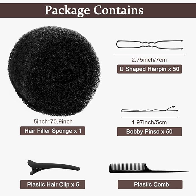 Hair Bumps for Volume Insert, Hair Sponge for Updo - Hair Mesh Filling Padding for Women - Bobby Pins - U Shape Hair Pin, Comb and Plastic Clips, Black
