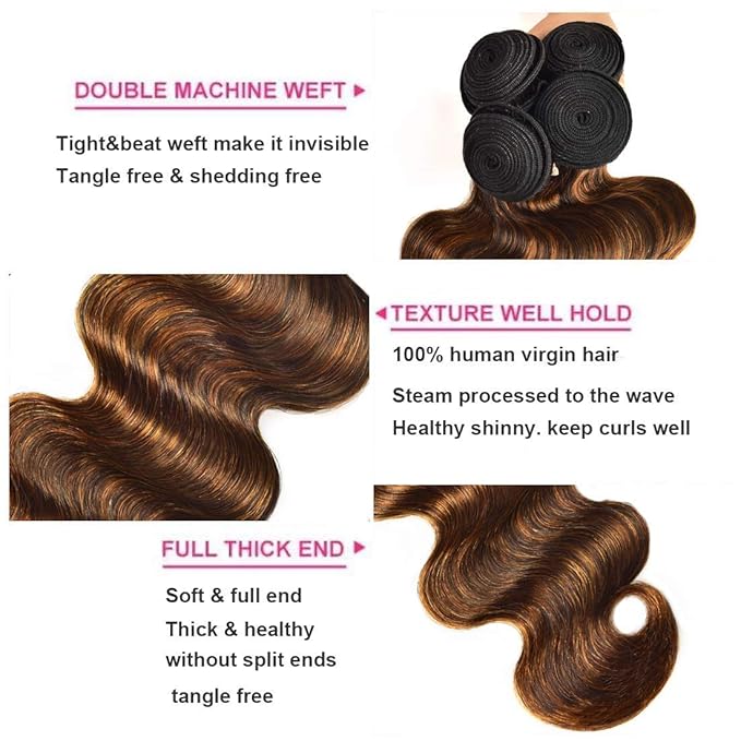 UNice Brown Highlight Body Wave Human Hair Weave 3 Bundles 10 10 10 inch, Brazilian Remy Hair Ombre Blonde Human Hair Wavy Weaves Sew in Piano Color