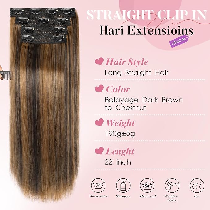 Clip in Hair Extensions Long Straight Hairpieces 22 Inch Balayage Dark Brown to Chestnut 4PCS Ultra-thin and breathable Hairpieces Fiber Double Weft Hair for women