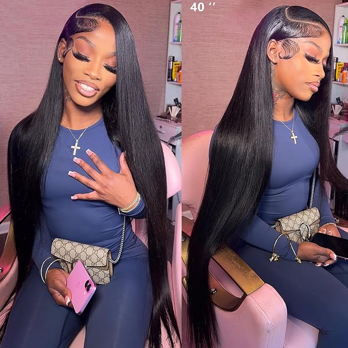 40 inch Wig Human Hair 13x6 Full HD Lace Front Wigs Human Hair Real Skinlike HD Lace Wig Pre Plucked 0.10mm Ultra-thin Lace Vivid Clean Hairline Bleached Tiny Knots 200 Density Straight Wigs for Women