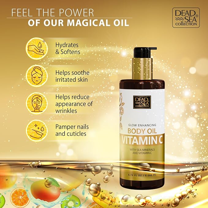 Dead Sea Collection Vitamin C Body Oil for Dry & Sensitive Skin – Moisturizing & Hydrating Skin Oil with Vitamin E & Blend of Almond, Grape, Olive, Wheat Germ Oil – Gentle Nourishing Skincare 6.76 oz