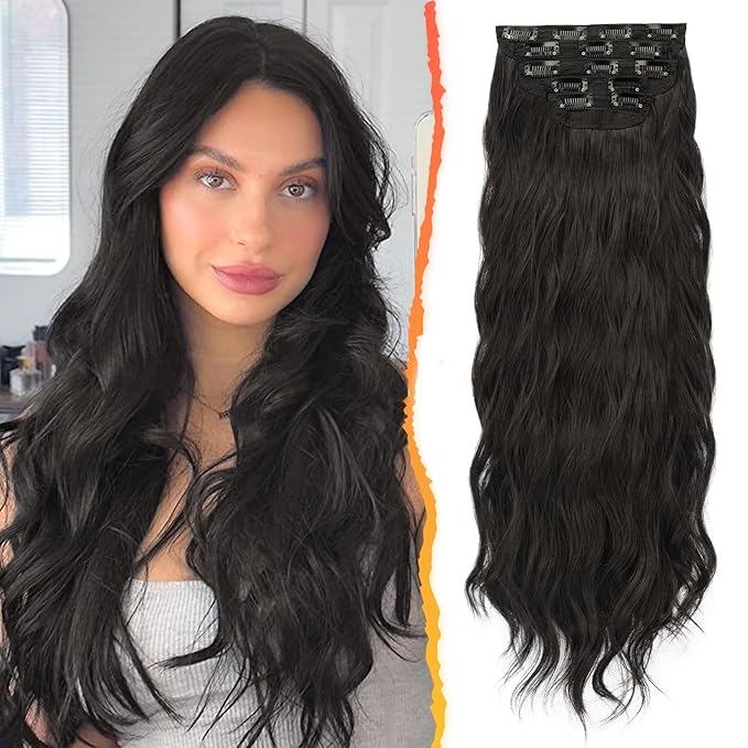 BARSDAR 20 Inch Wavy Clip in Hair Extensions – 5PCS Thick Soft Synthetic Hairpieces – Black Brown Full Head Clip in Hair Extensions for Women – Long Voluminous Easy Wear for Daily Party Halloween