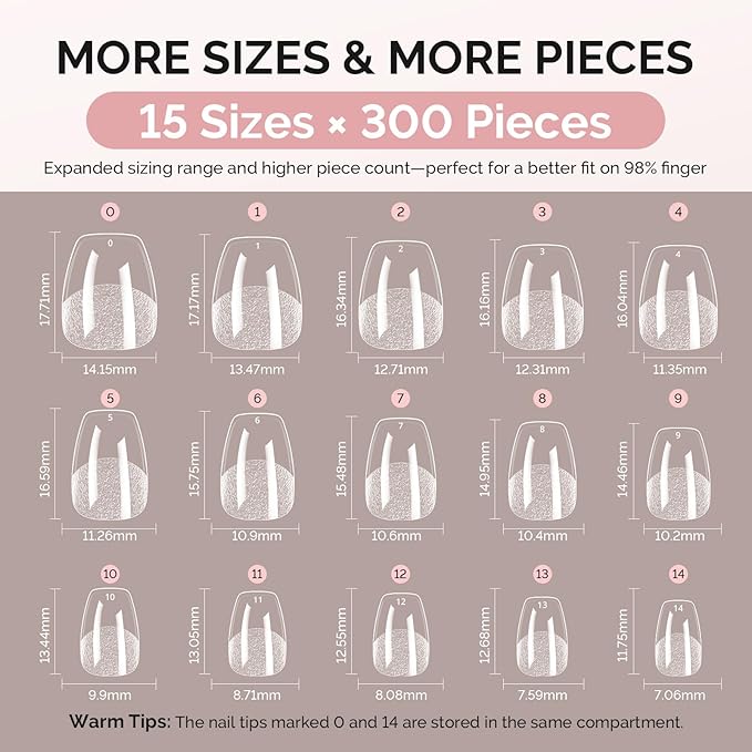 MelodySusie Extra Short Ballerina X Nail Tips - 300Pcs 15Sizes Clear Acrylic, Half Matte Full Cover Press on Nails for DIY Extension & Salon Use, Pre-Shaped for Long-Lasting Manicure