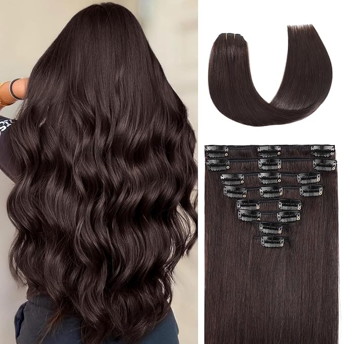 Clip in Hair Extensions Real Human Hair,100% Seamless Invisible Remy Human Hair Silky Straight,Clip Extensions for Women, 8pcs Per Set with Double Weft,2 Dark Brown,20inch 105g/3.7oz