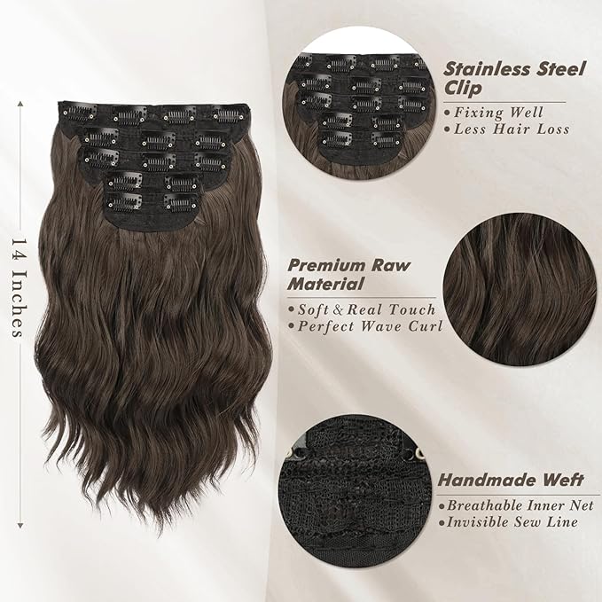 BARSDAR Wavy Chocolate Brown Clip in Hair Extensions - 14 Inch Short Wavy Clip in Hair Extensions for Women - 5PCs Thick Soft Synthetic Voluminous Easy Wear Brown Hairpieces Daily Party