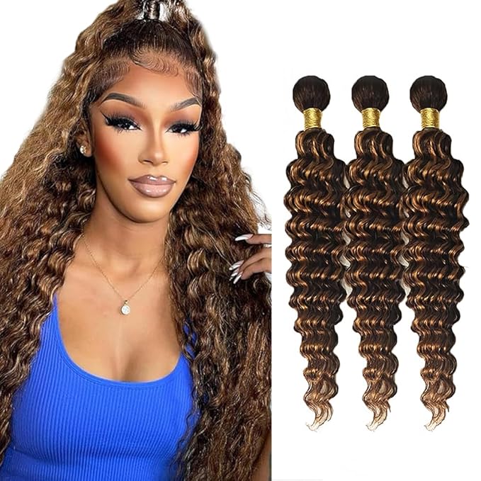 P430 Human Hair Bundles Highlight Deep Wave Bundles Ombre Brown Bundle 16 18 20 inch #4 and #30 Deep Wave Bundle 150g