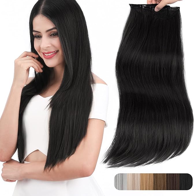 REECHO Thick Long Straight 3PCS Set Clip in on Hair Extensions for Women Girls (28 Inch (Pack of 3), Natural Black - Straight)